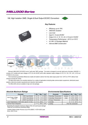 MSLU305 datasheet - 1W, High Isolation SMD, Single & Dual Output DC/DC Converters