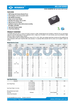 MSLU305 datasheet - DC/DC CONVERTER 1W, High Isolation, SMD Package with Industry Standard Pinout