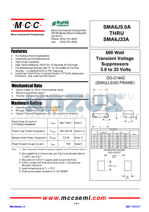 SMA6J11A datasheet - 600 Watt Transient Voltage Suppressors 5.0 to 33 Volts