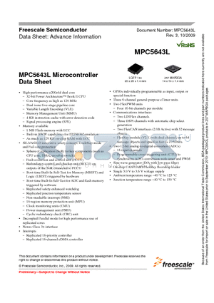 SPC5643LF0MLQ8R datasheet - MPC5643L Microcontroller Data Sheet