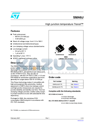 SMA6J154CA-TR datasheet - High junction temperature Transil TM