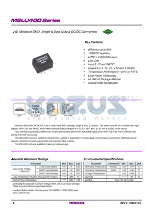 MSLU400 datasheet - 2W, Miniature SMD, Single & Dual Output DC/DC Converters