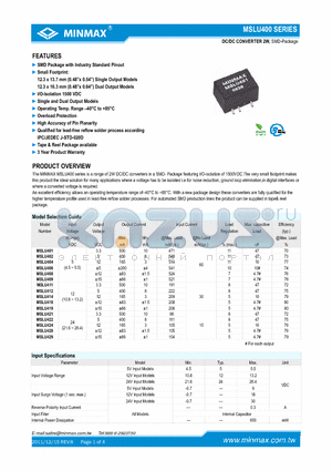 MSLU409 datasheet - DC/DC CONVERTER 2W, SMD Package with Industry Standard Pinout