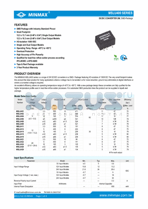 MSLU401 datasheet - DC/DC CONVERTER 2W, SMD Package with Industry Standard Pinout