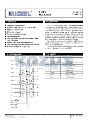 SY100E154JZTR datasheet - 5-BIT 2:1 MUX-LATCH