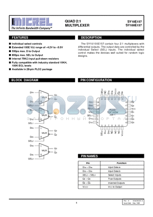 SY100E157 datasheet - QUAD 2:1 MULTIPLEXER