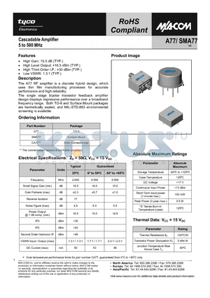 SMA77 datasheet - Cascadable Amplifier 5 to 500 MHz