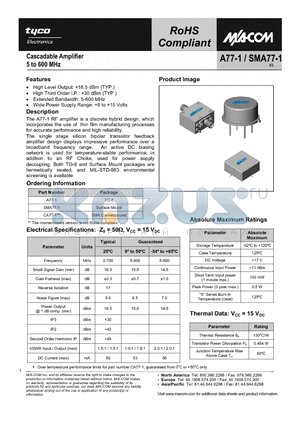 SMA77-1 datasheet - Cascadable Amplifier 5 to 600 MHz