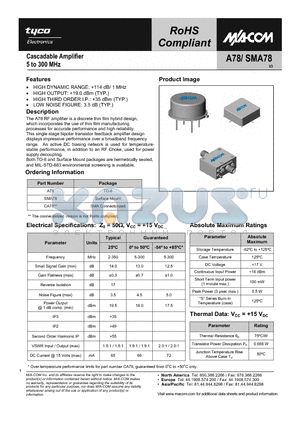 SMA78 datasheet - Cascadable Amplifier 5 to 300 MHz