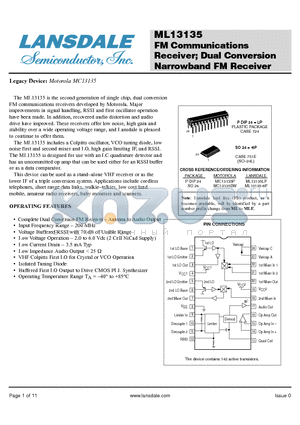 MC13135P datasheet - FM Communications Receiver; Dual Conversion Narrowband FM Receiver