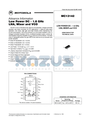 MC13142 datasheet - LOW POWER DC - 1.8 GHz LNA, MIXER and VCO