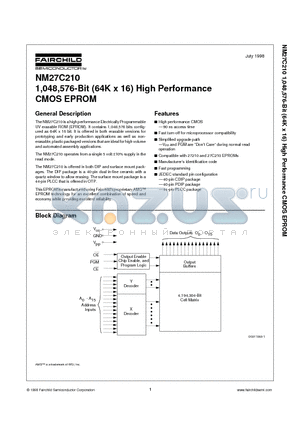 NM27C210 datasheet - 1,048,576-Bit (64K x 16) High Performance CMOS EPROM