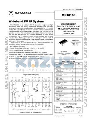 MC13156 datasheet - Wideband FM IF System