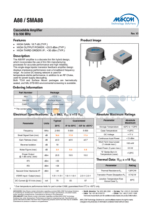 SMA88 datasheet - Cascadable Amplifier 5 to 500 MHz