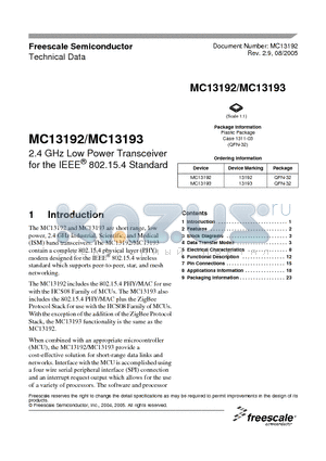 MC13192 datasheet - 2.4 GHz Low Power Transceiver for the IEEE 802.15.4 Standard