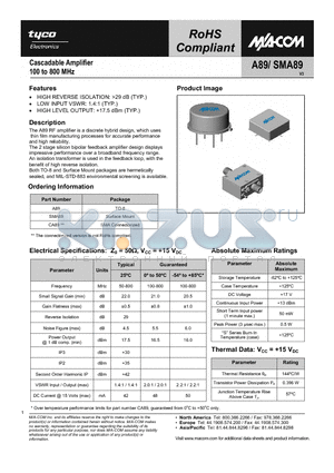 SMA89 datasheet - Cascadable Amplifier 100 to 800 MHz