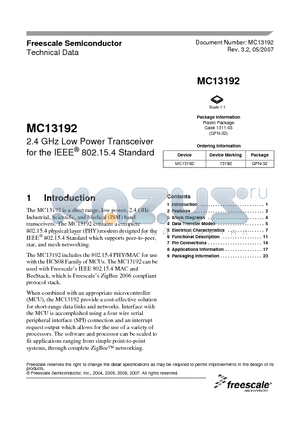 MC13192 datasheet - 2.4 GHz Low Power Transceiver for the IEEE^ 802.15.4 Standard