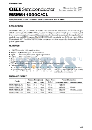 MSM511000C-45 datasheet - 1,048,576-Word x 1-Bit DYNAMIC RAM : FAST PAGE MODE TYPE