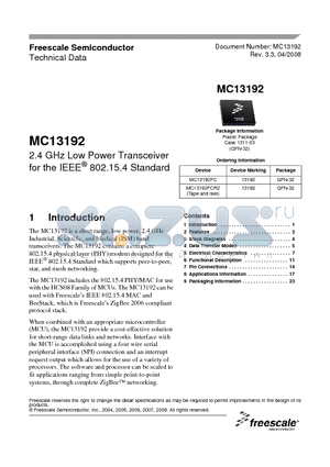 MC13192 datasheet - 2.4 GHz Low Power Transceiver for the IEEE 802.15.4 Standard