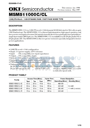 MSM511000C-50ZS datasheet - 1,048,576-Word x 1-Bit DYNAMIC RAM : FAST PAGE MODE TYPE