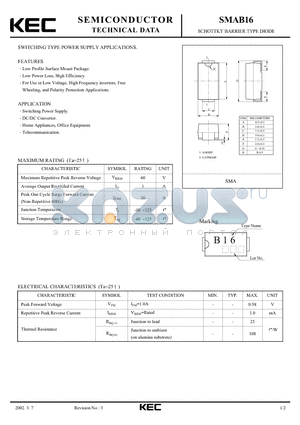 SMAB16 datasheet - SCHOTTKY BARRIER TYPE DIODE (SWITCHING TYPE POWER SUPPLY)