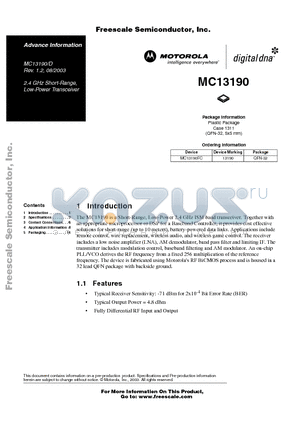 MC13190FC datasheet - 2.4 GHz Short-Range, Low-Power Transceiver