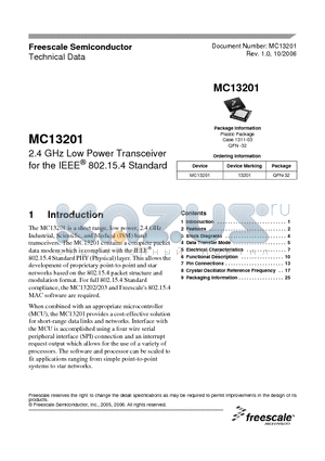 MC13201 datasheet - 2.4 GHz Low Power Transceiver for the IEEE 802.15.4 Standard