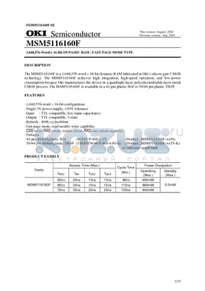 MSM5116160F-60JS datasheet - 1,048,576-Word  16-Bit DYNAMIC RAM : FAST PAGE MODE TYPE