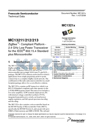 MC13211 datasheet - ZigBee- Compliant Platform -2.4 GHz Low Power Transceiver for the IEEE^ 802.15.4 Standard plus Microcontroller
