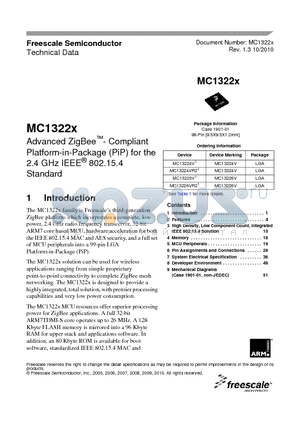 MC13224VR2 datasheet - Advanced ZigBee- Compliant Platform-in-Package (PiP) for the 2.4 GHz IEEE^ 802.15.4 Standard