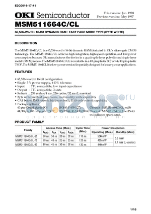 MSM511664C-XXTS-K datasheet - 65,536-Word X 16-Bit DYNAMIC RAM : FAST PAGE MODE TYPE (BYTE WRITE)