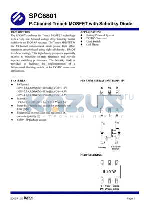 SPC6801 datasheet - P-Channel Trench MOSFET with Schottky Diode