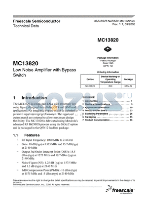 MC13820 datasheet - Low Noise Amplifier with Bypass Switch