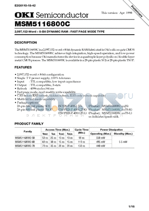 MSM5116800C-XXJS datasheet - 2,097,152-Word X 8-Bit DYNAMIC RAM : FAST PAGE MODE TYPE