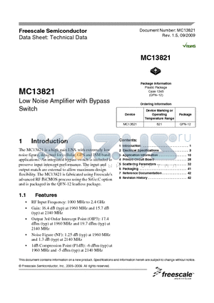 MC13821 datasheet - Low Noise Amplifier with Bypass Switch