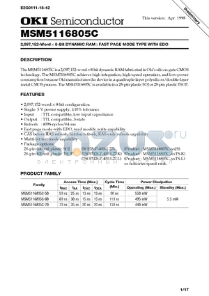 MSM5116805C-XXJS datasheet - 2,097,152-Word X 8-Bit DYNAMIC RAM : FAST PAGE MODE TYPE WITH EDO