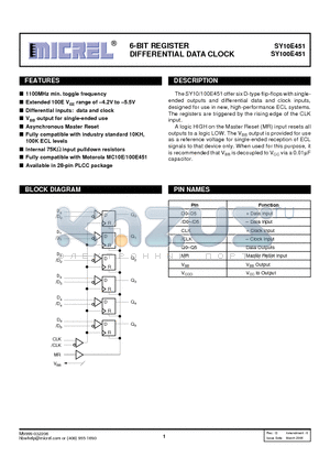 SY100E451JCTR datasheet - 6-BIT REGISTER DIFFERENTIAL DATA CLOCK