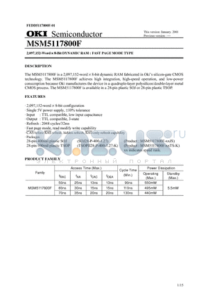 MSM5117800F-50 datasheet - 2,097,152-Word x 8-Bit DYNAMIC RAM : FAST PAGE MODE TYPE