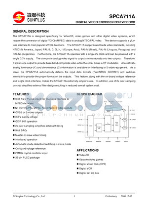 SPCA711A datasheet - DIGITAL VIDEO ENCODER FOR VIDEOCD