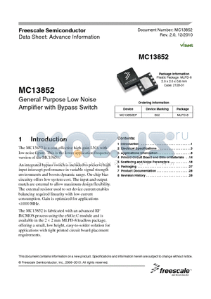 MC13852 datasheet - General Purpose Low Noise Amplifier with Bypass Switch