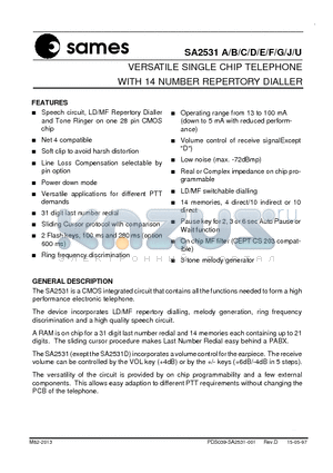 SA2531E datasheet - VERSATILE SINGLE CHIP TELEPHONE WITH 14 NUMBER REPERTORY DIALLER