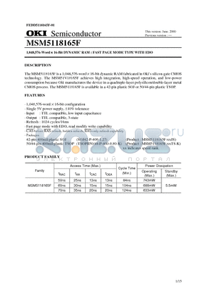 MSM5118165F datasheet - 1,048,576-Word  16-Bit DYNAMIC RAM : FAST PAGE MODE TYPE WITH EDO