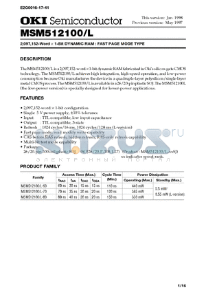 MSM512100L-70SJ datasheet - 2,097,152-Word X 1-Bit DYNAMIC RAM : FAST PAGE MODE TYPE