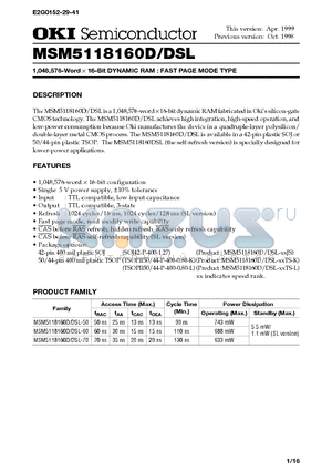 MSM5118160DSL datasheet - 1,048,576-Word x 16-Bit DYNAMIC RAM : FAST PAGE MODE TYPE