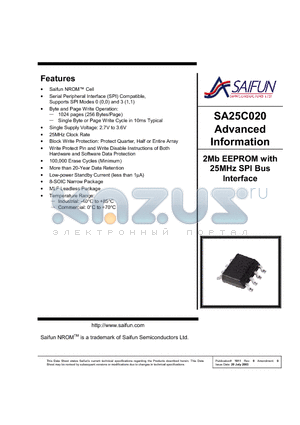 SA25C020LEMLFX datasheet - 2Mb EEPROM with 25MHz SPI Bus Interface