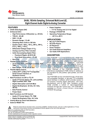 PCM1690 datasheet - 24-Bit, 192-kHz Sampling, Enhanced Multi-Level DS,Eight-Channel Audio Digital-to-Analog Converter