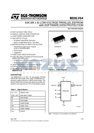 M28LV64-200K1 datasheet - 64K 8K x 8 LOW VOLTAGE PARALLEL EEPROM with SOFTWARE DATA PROTECTION