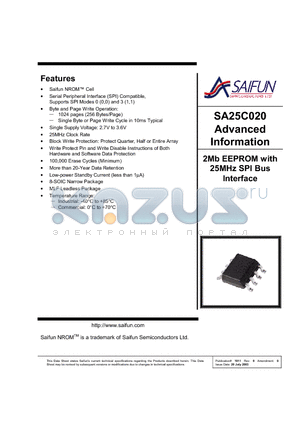 SA25C020LMLFFX datasheet - 2Mb EEPROM with 25MHz SPI Bus Interface