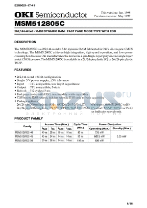 MSM512805C datasheet - 262,144-Word X 8-Bit DYNAMIC RAM : FAST PAGE MODE TYPE WITH EDO