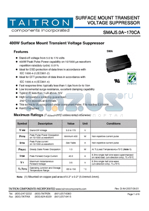 SMAJ10A datasheet - 400W Surface Mount Transient Voltage Suppressor